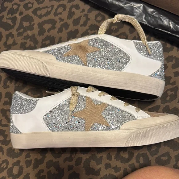 Women's Glitter Sneakers - Silver and White - Picture 1 of 8
